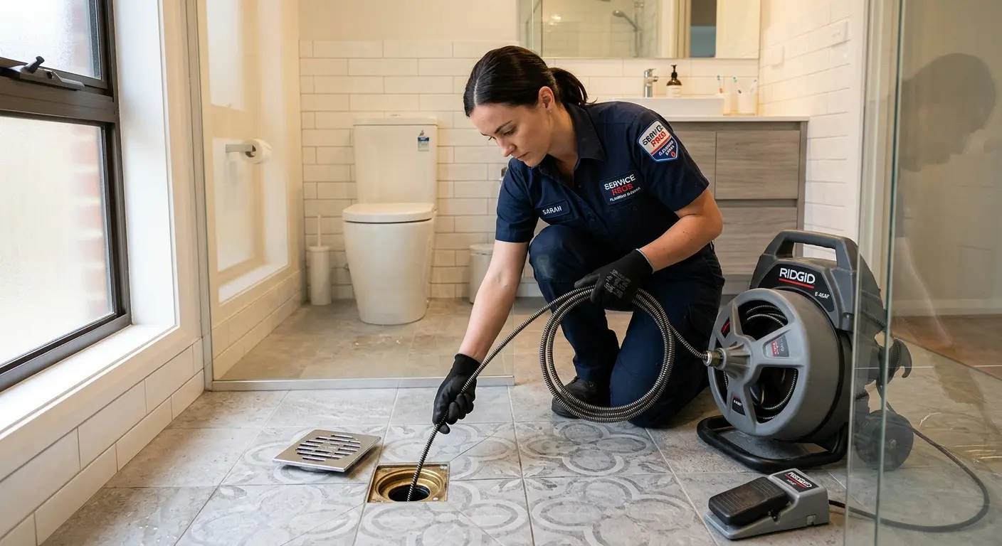 Technician clearing a bathroom floor drain for Drain Cleaning in Bonita Springs